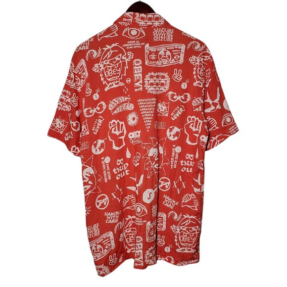 Obey Worldwide Button Up Shirt Men's L Red Viscose AOP Abracadabra Monster - Picture 3 of 8